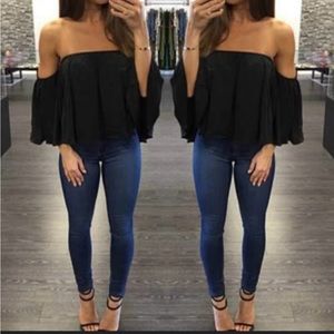 Black chiffon flowy off shoulder dressy boutique blouse top one size